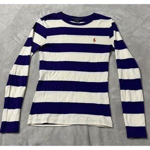 Ralph Lauren Sport Womens S Cotton L/S Top Pullover White Purple Striped  Rider